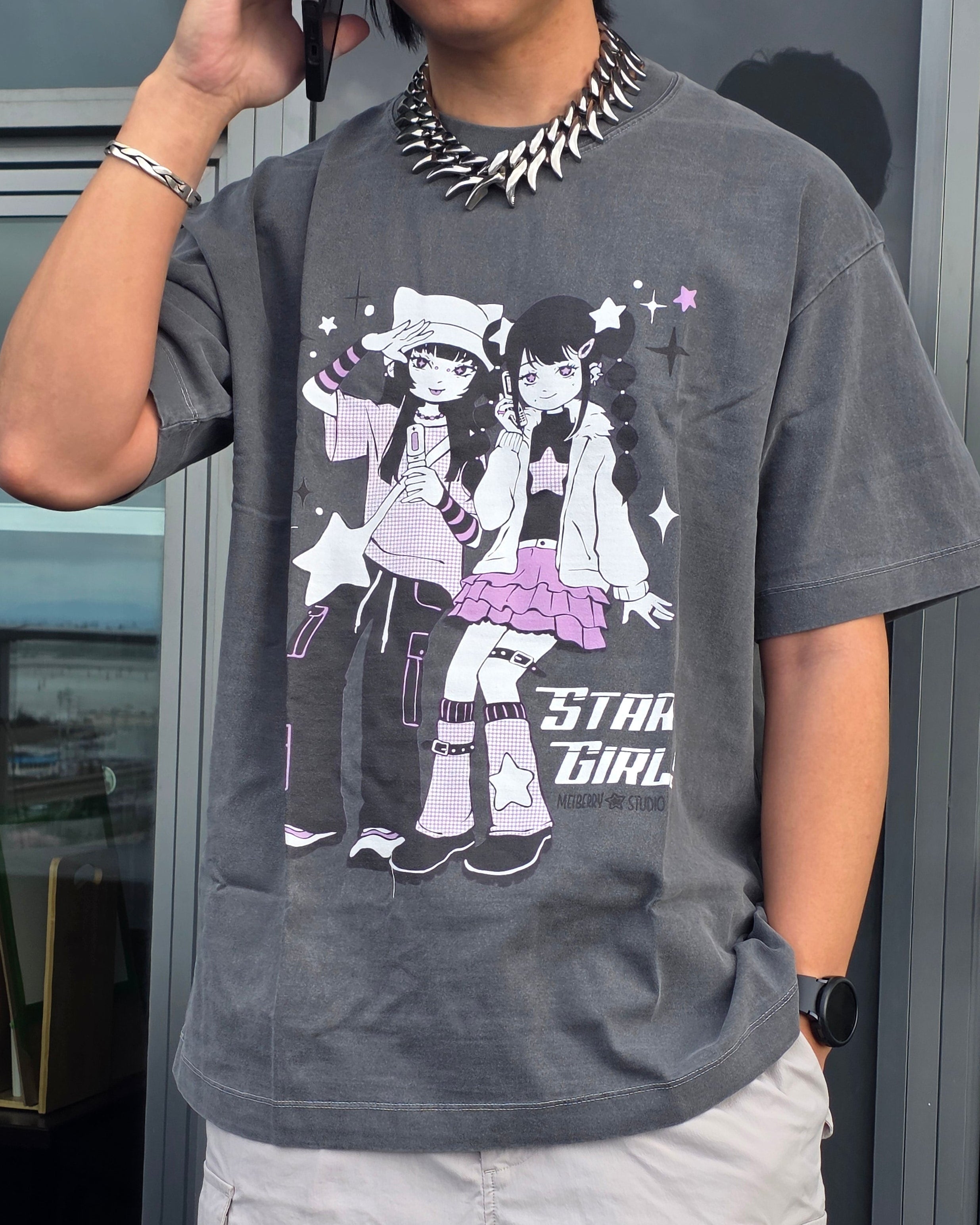 Star Girls ꒰ঌ ໒꒱ Gray Oversized T-Shirt