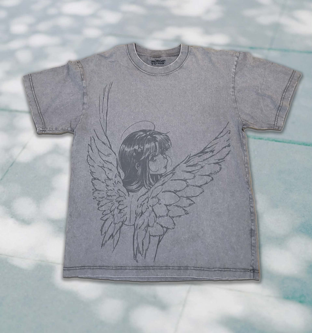 Looking Back ꒰ঌ ໒꒱ Angel Print Gray Acid Wash T-shirt