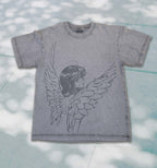 Looking Back ꒰ঌ ໒꒱ Angel Print Gray Acid Wash T-shirt